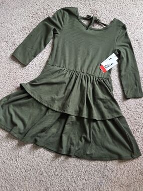Girls Olive Green Ribbed Tiered Dress